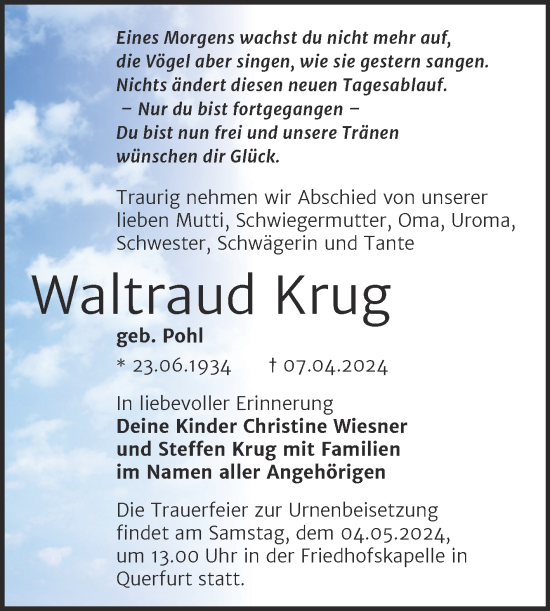 Traueranzeige von Waltraud Krug von Trauerkombi Merseburg
