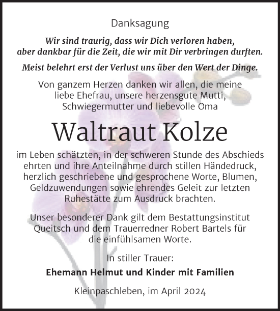 Traueranzeige von Waltraut Kolze von Trauerkombi Köthen