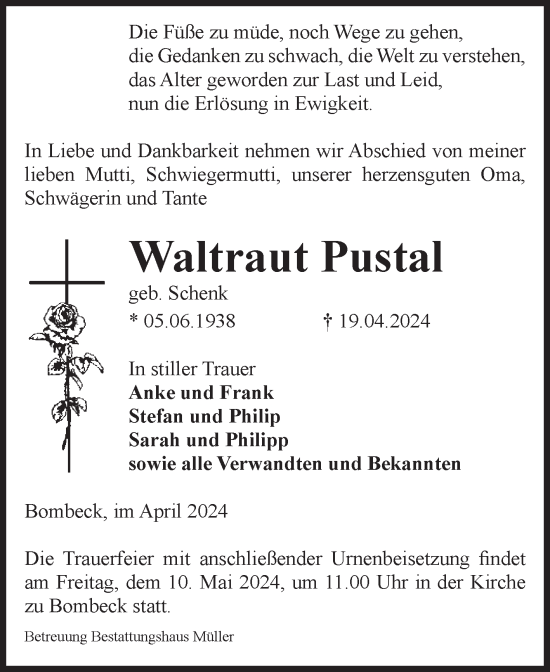 Traueranzeige von Waltraut Pustal von Volksstimme Altmark West