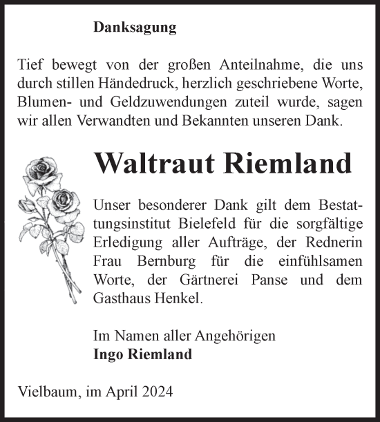 Traueranzeige von Waltraut Riemland von Volksstimme Altmark Ost