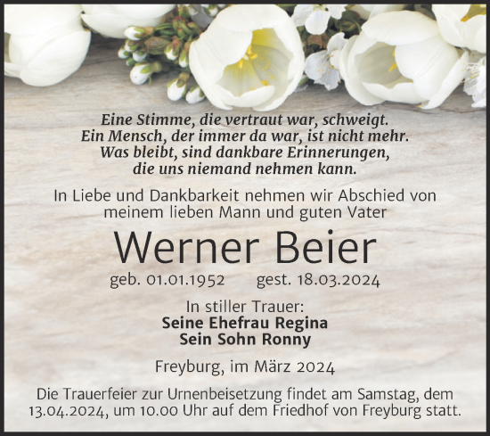 Traueranzeige von Werner Beier von Super Sonntag Naumburg/Nebra