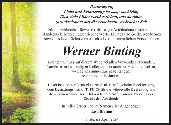 Traueranzeige von Werner Binting von Trauerkombi Quedlinburg