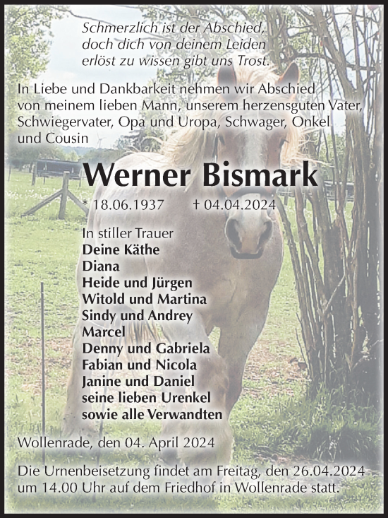 Traueranzeige von Werner Bismark von Volksstimme Altmark Ost