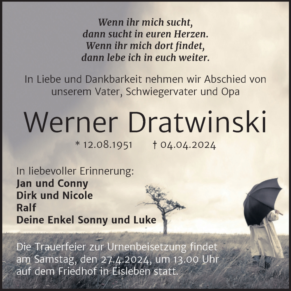  Traueranzeige für Werner Dratwinski vom 20.04.2024 aus Trauerkombi Mansfelder Land
