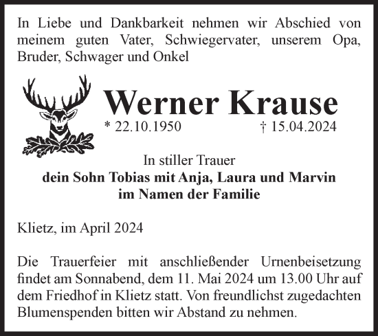 Traueranzeige von Werner Krause von Volksstimme Altmark Ost