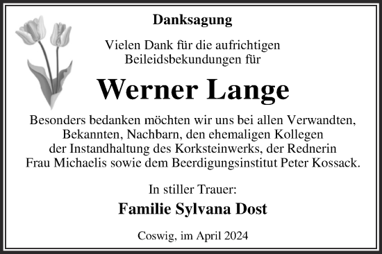 Traueranzeige von Werner Lange von Trauerkombi Wittenberg