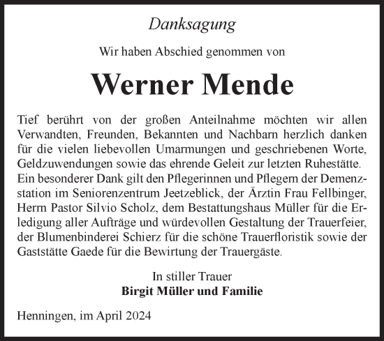 Traueranzeige von Werner Mende von Volksstimme Altmark West