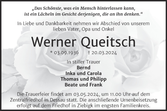 Traueranzeige von Werner Queitsch von Trauerkombi Dessau