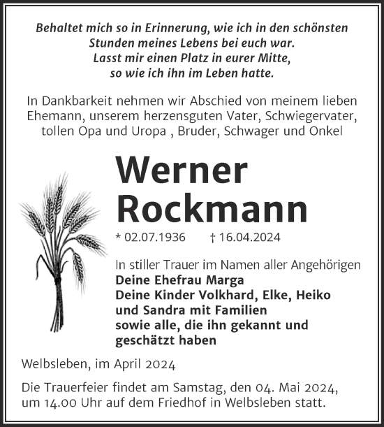 Traueranzeige von Werner Rockmann von Trauerkombi Mansfelder Land