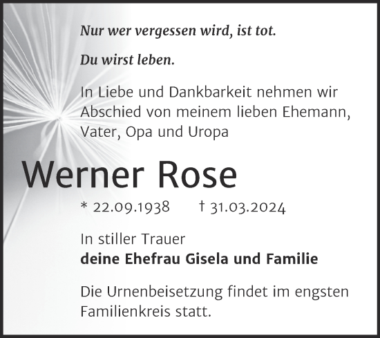 Traueranzeige von Werner Rose von Trauerkombi Köthen