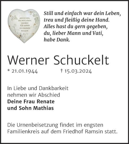 Traueranzeige von Werner Schuckelt von Trauerkombi Bitterfeld