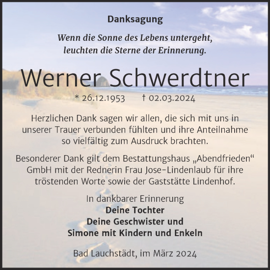 Traueranzeige von Werner Schwerdtner von Trauerkombi Merseburg