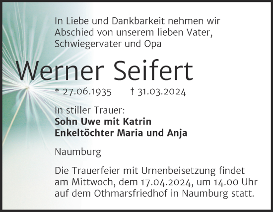 Traueranzeige von Werner Seifert von Naumburger Tageblatt