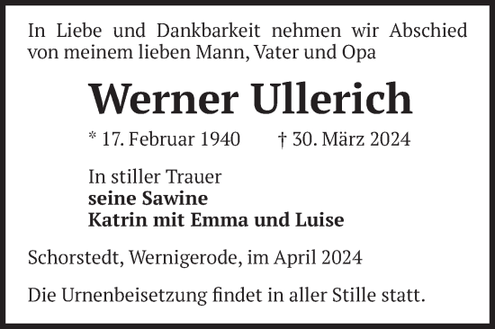 Traueranzeige von Werner Ullerich von Volksstimme Altmark Ost