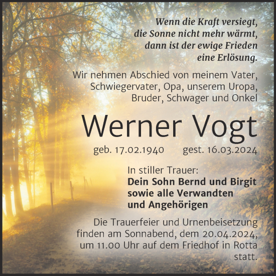 Traueranzeige von Werner Vogt von Trauerkombi Wittenberg