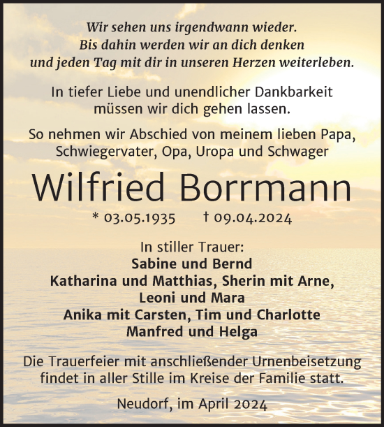 Traueranzeige von Wilfried Borrmann von Trauerkombi Quedlinburg