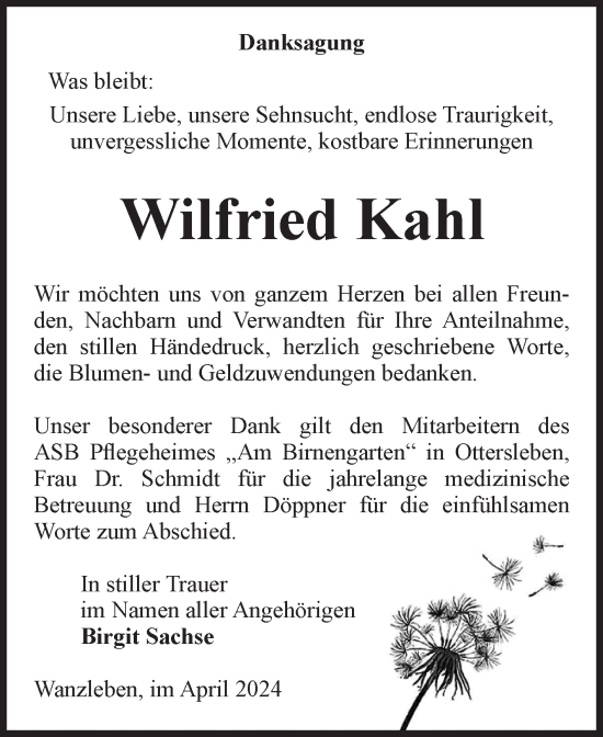 Traueranzeige von Wilfried Kahl von Volksstimme Oschersleben/Wanzleben