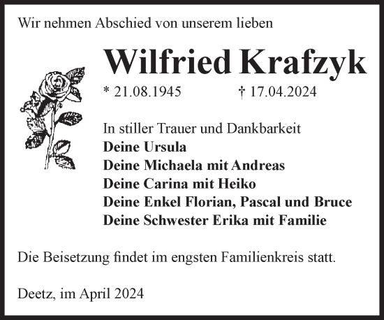 Traueranzeige von Wilfried Krafzyk von Volksstimme Zerbst