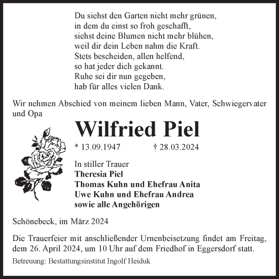 Traueranzeige von Wilfried Piel von Volksstimme Schönebeck