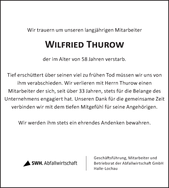 Traueranzeige von Wilfried Thurow von Mitteldeutsche Zeitung Halle/Saalkreis