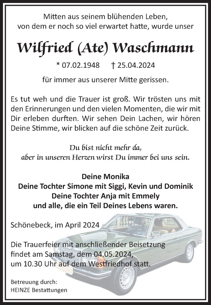  Traueranzeige für Wilfried Waschmann vom 27.04.2024 aus Volksstimme Schönebeck