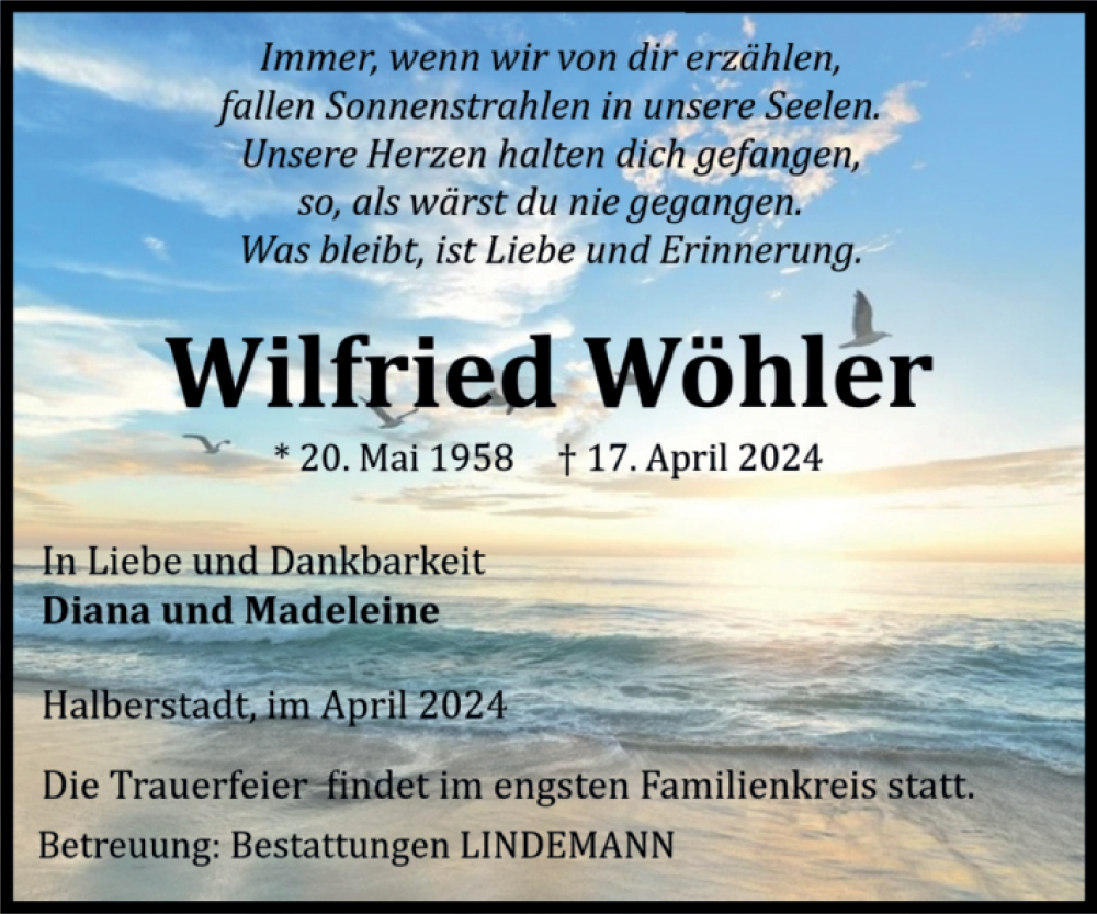  Traueranzeige für Wilfried Wöhler vom 20.04.2024 aus Volksstimme Halberstadt