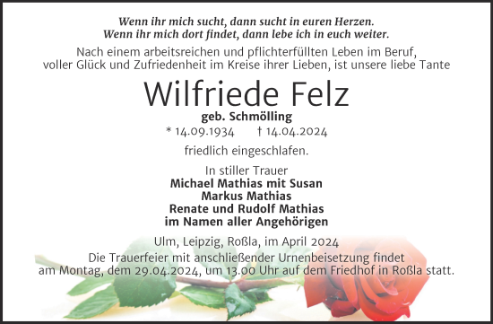 Traueranzeige von Wilfriede Felz von Trauerkombi Sangerhausen