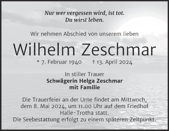 Traueranzeige von Wilhelm Zeschmar von Mitteldeutsche Zeitung Halle/Saalkreis