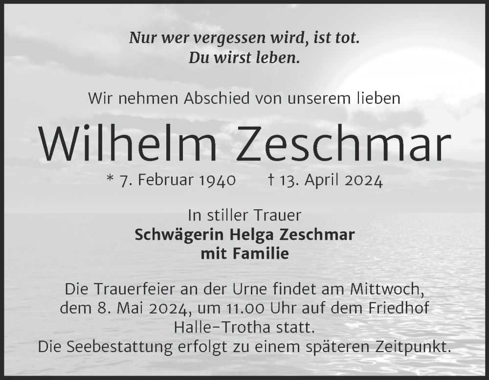  Traueranzeige für Wilhelm Zeschmar vom 20.04.2024 aus Mitteldeutsche Zeitung Halle/Saalkreis