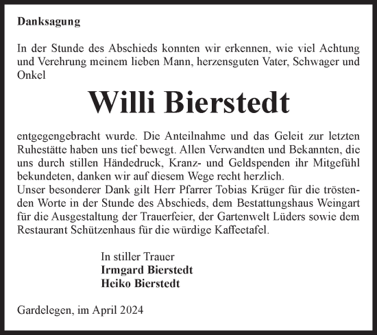 Traueranzeige von Willi Bierstedt von Volksstimme Altmark West