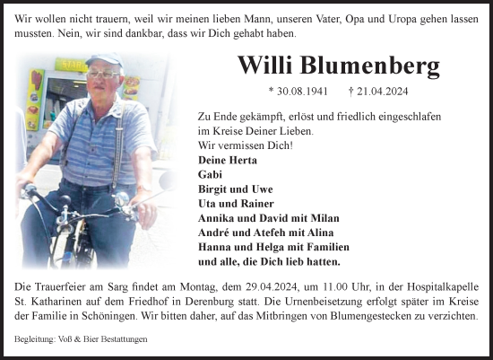 Traueranzeige von Willi Blumenberg von Volksstimme Wernigerode