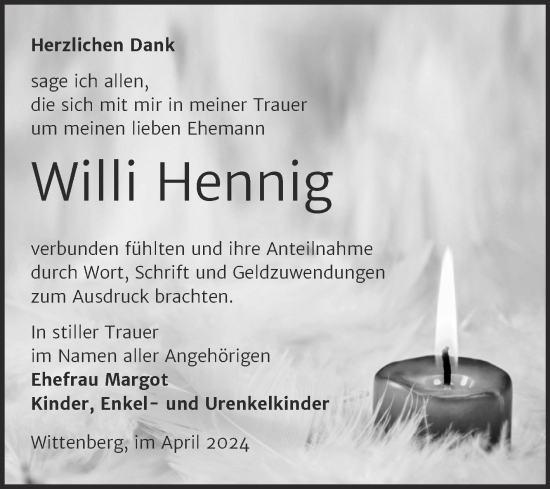 Traueranzeige von Willi Hennig von Trauerkombi Wittenberg