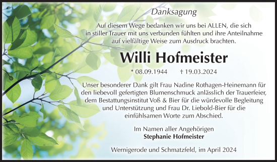 Traueranzeige von Willi Hofmeister von Volksstimme Wernigerode