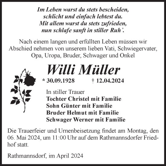 Traueranzeige von Willi Müller von Volksstimme Staßfurt