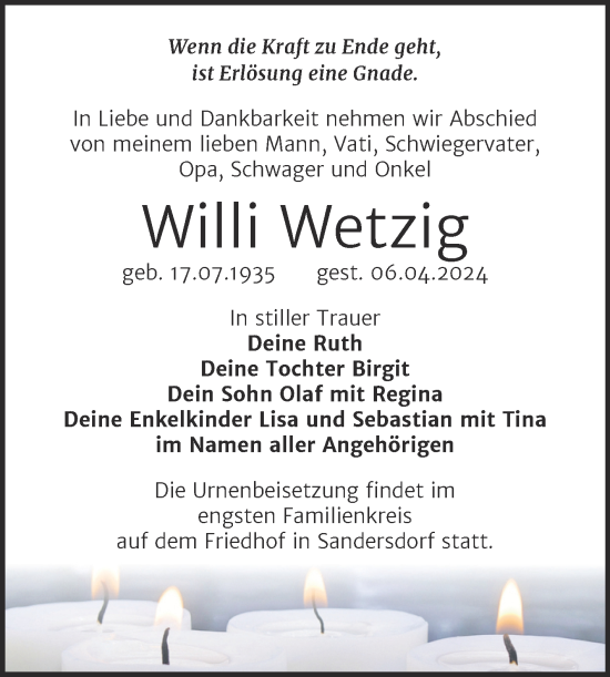 Traueranzeige von Willi Wetzig von Trauerkombi Bitterfeld