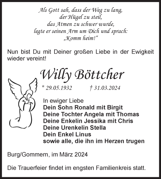 Traueranzeige von Willy Böttcher von Volksstimme Burg/Genthin