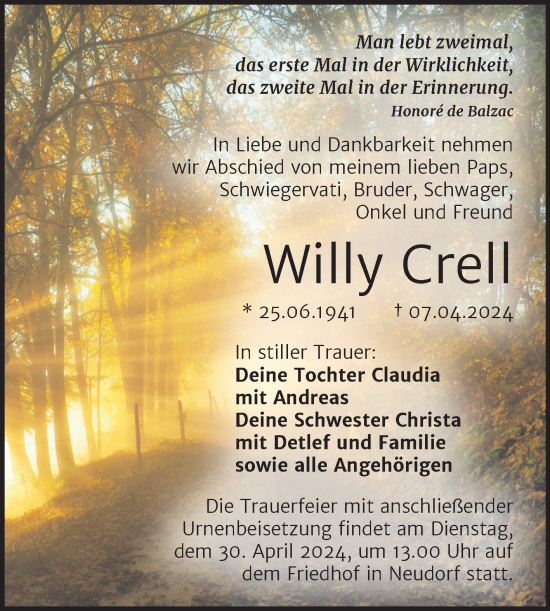 Traueranzeige von Willy Crell von Trauerkombi Quedlinburg
