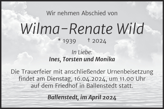 Traueranzeige von Wilma-Renate Wild von Trauerkombi Quedlinburg