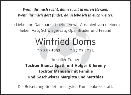 Traueranzeige von Winfried Doms von Super Sonntag Weißenfels