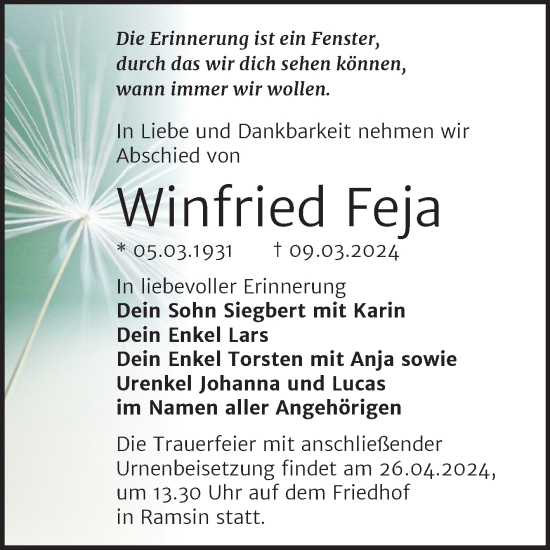 Traueranzeige von Winfried Feja von Trauerkombi Bitterfeld