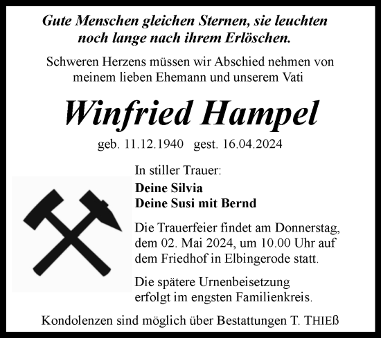 Traueranzeige von Winfried Hampel von Volksstimme Wernigerode