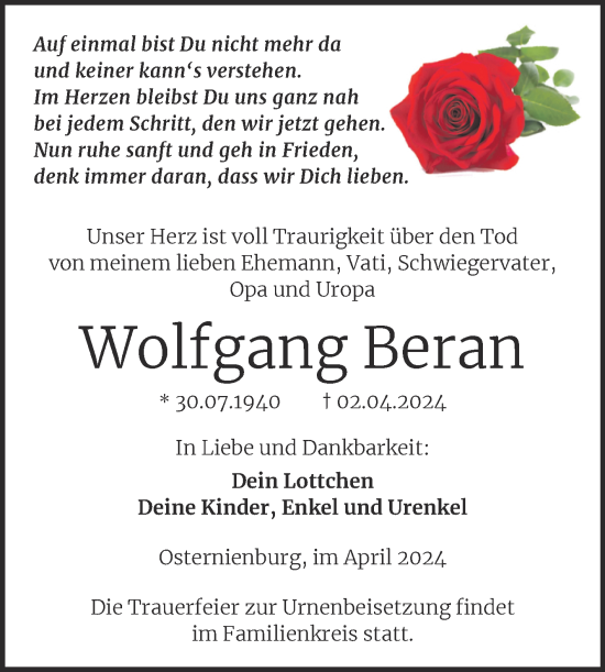 Traueranzeige von Wolfgang Beran von Trauerkombi Köthen