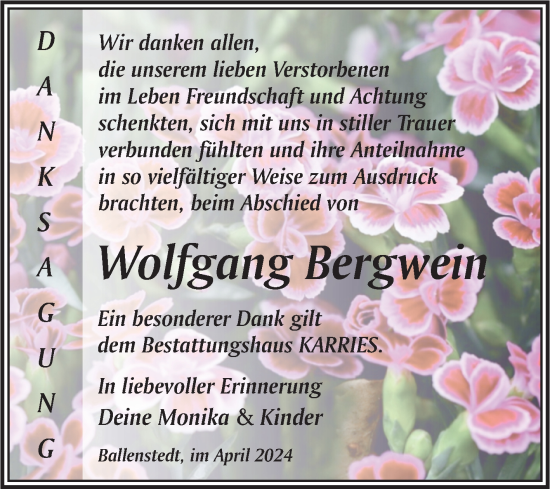 Traueranzeige von Wolfgang Bergwein von Trauerkombi Quedlinburg