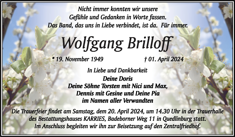  Traueranzeige für Wolfgang Brilloff vom 06.04.2024 aus Trauerkombi Quedlinburg