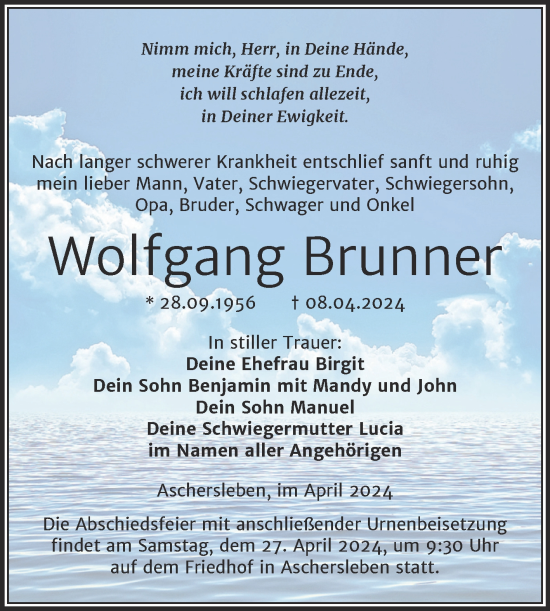 Traueranzeige von Wolfgang Brunner von Trauerkombi Aschersleben