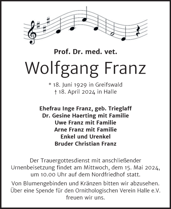 Traueranzeige von Wolfgang Franz von Mitteldeutsche Zeitung Halle/Saalkreis
