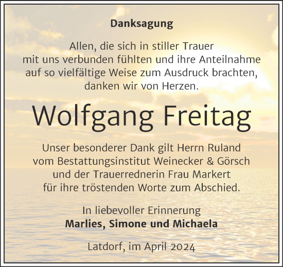 Traueranzeige von Wolfgang Freitag von Trauerkombi Bernburg