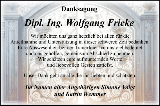 Traueranzeige von Wolfgang Fricke von Volksstimme Magdeburg