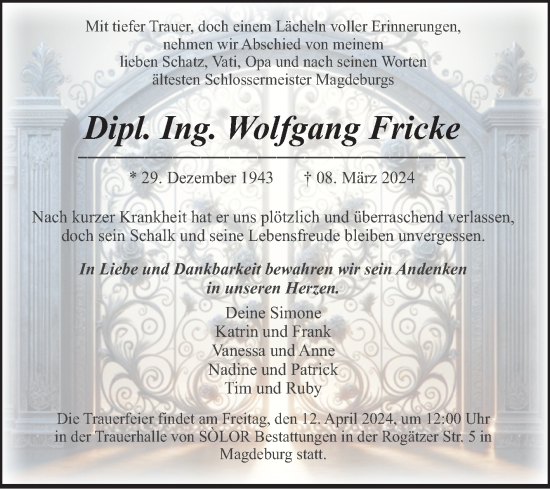 Traueranzeige von Wolfgang Fricke von Volksstimme Magdeburg