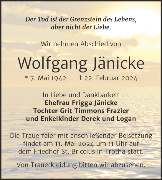 Traueranzeige von Wolfgang Jänicke von Mitteldeutsche Zeitung Halle/Saalkreis